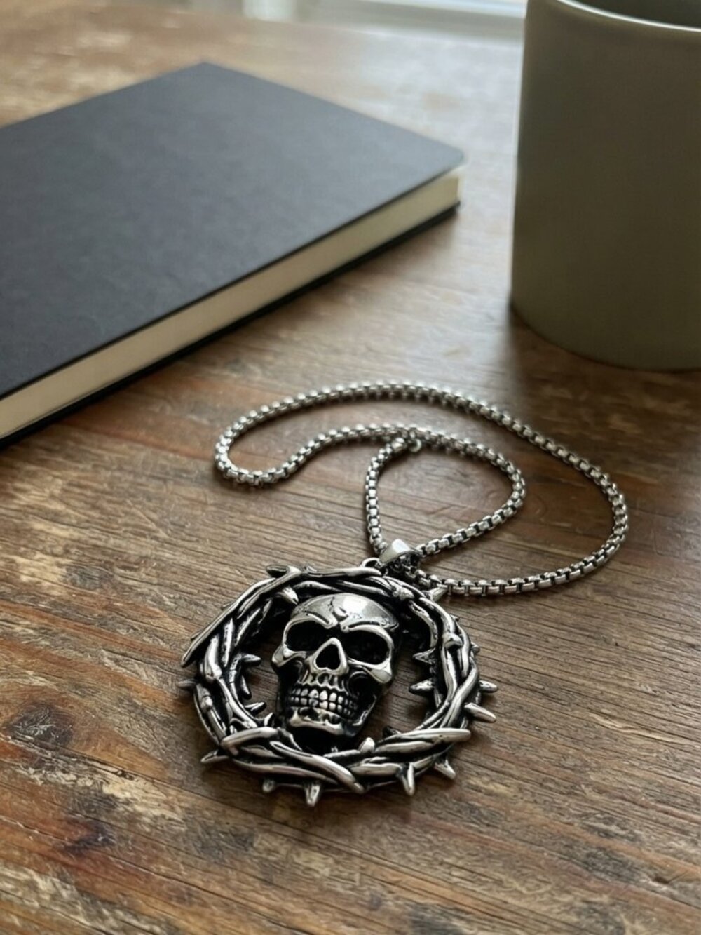 Mens Thorn Crown Skull Pendant Necklace